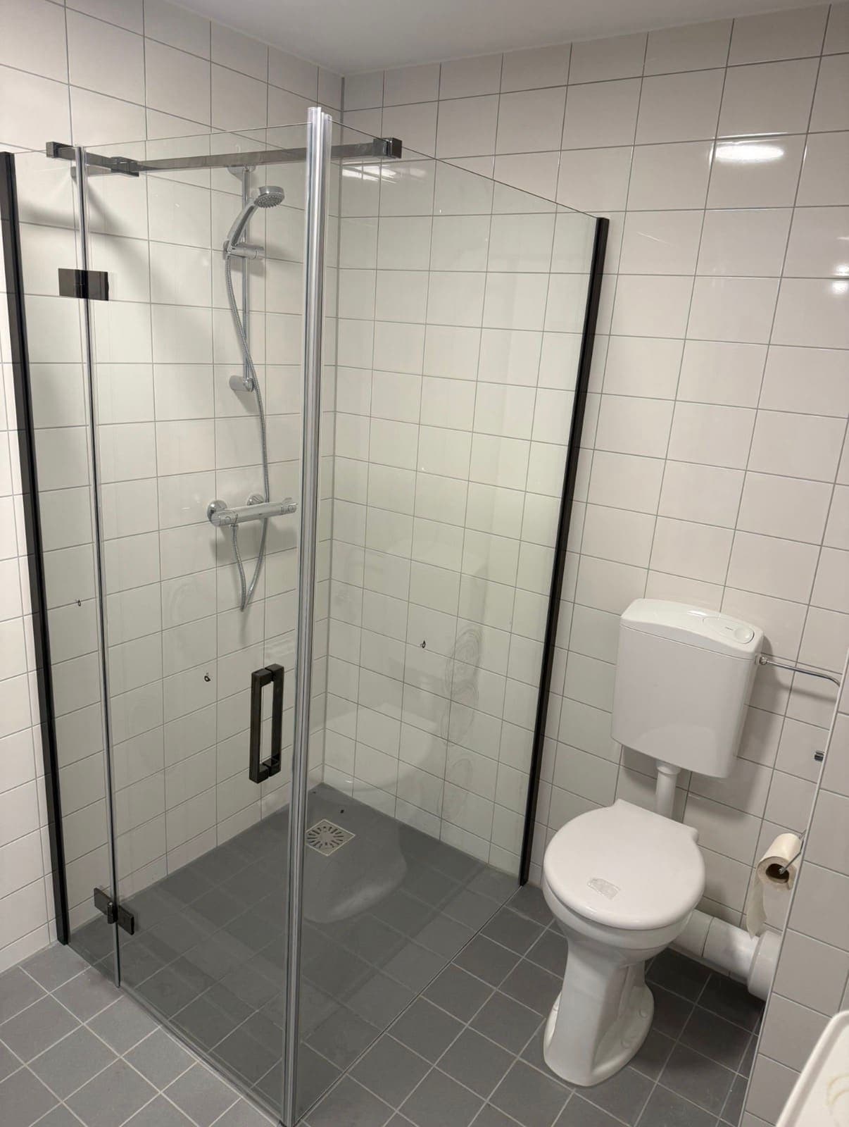 Badkamer met inloopdouche, zwarte profielen en toilet